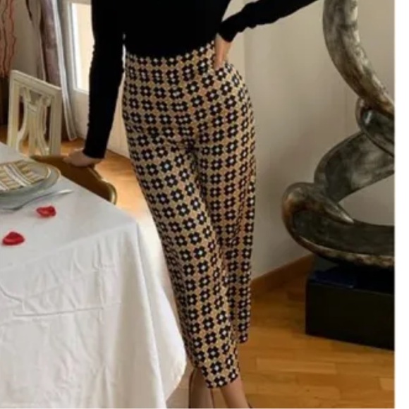 ZARA Printed Wide Leg Pants Geometric Camel & Black Side Zip Size M Boho - Picture 13 of 14